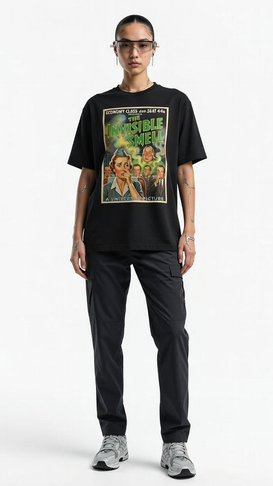 Person wearing a black t-shirt with a graphic design on a white background