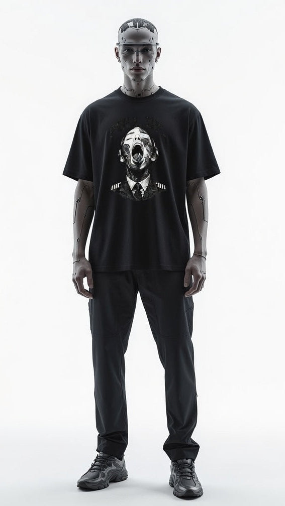 Person wearing a black t-shirt with a graphic design on a white background