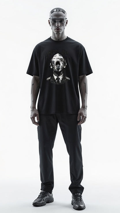 Person wearing a black t-shirt with a graphic design on a white background