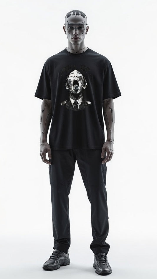 Person wearing a black t-shirt with a graphic design on a white background