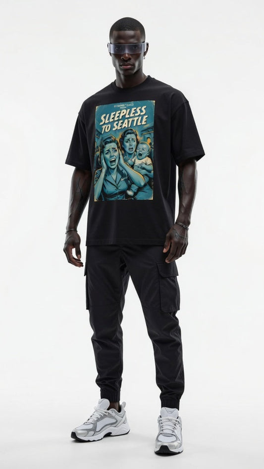 Person wearing a black t-shirt with a graphic design and text, standing against a white background