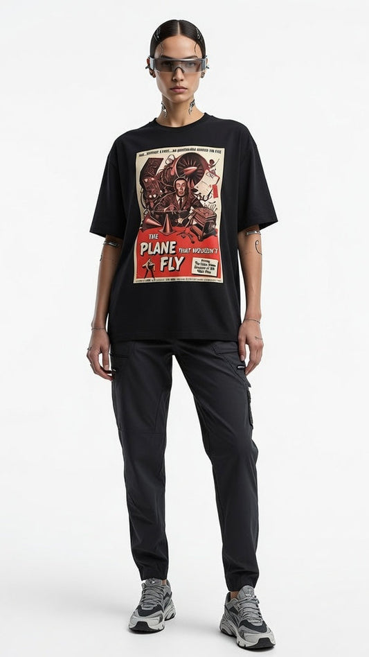 Person wearing a black t-shirt with a graphic design and dark pants on a white background